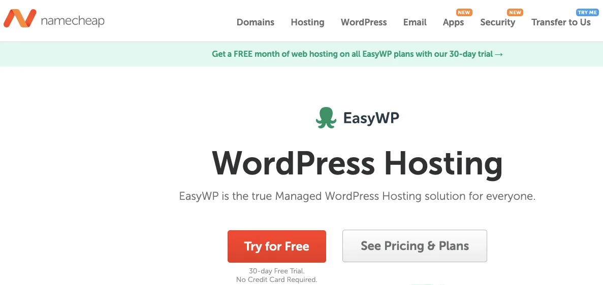Namecheap EasyWP managed WordPress dashboard during the free trial