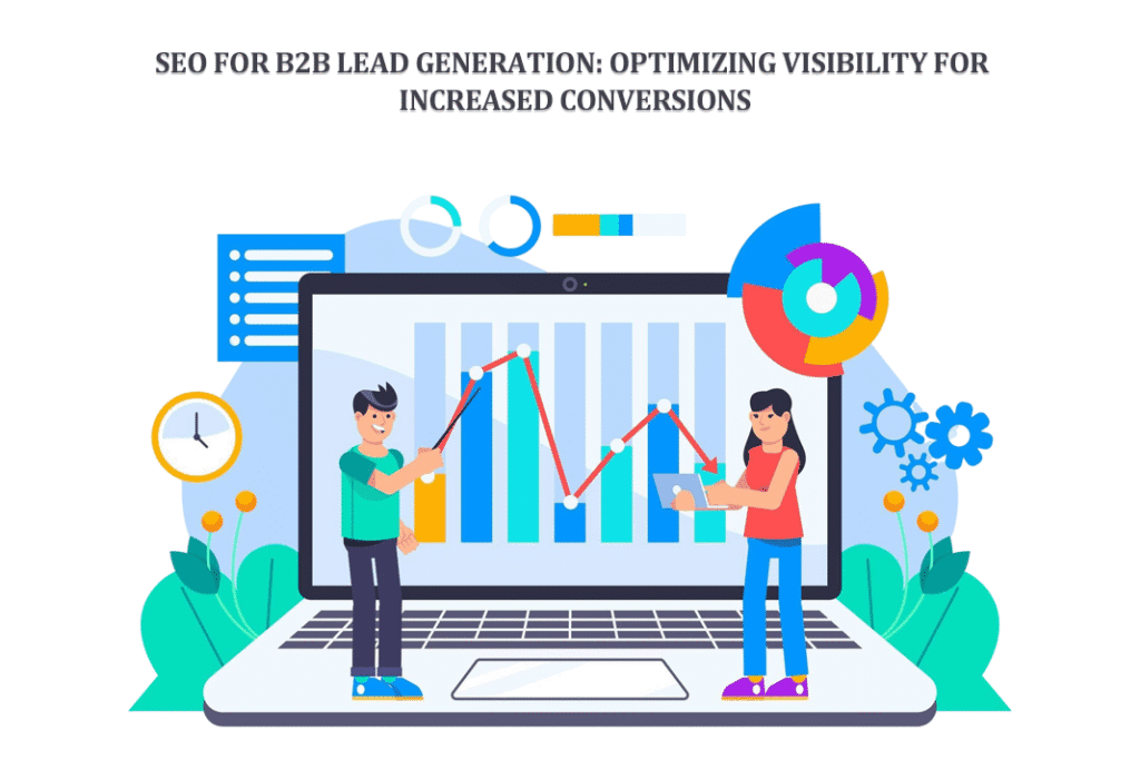 Illustration showing SEO strategies for B2B lead generation with rising graph, target icons, and business leads funnel