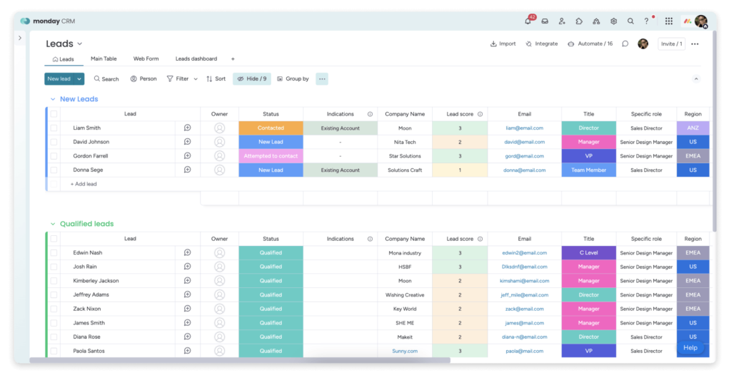 monday sales CRM customizable dashboard and workflow board