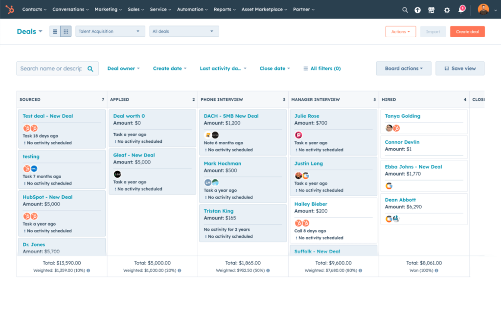 HubSpot CRM drag-and-drop deal pipeline view