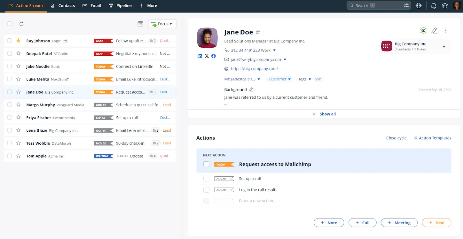 OnePageCRM contact management dashboard with follow-up reminders